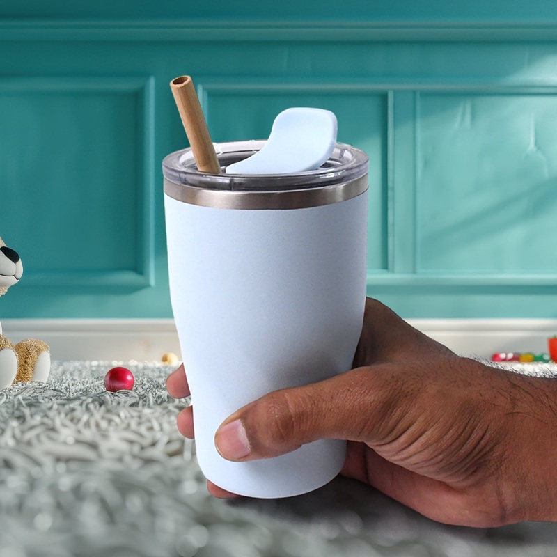 Stainless Steel Insulated Coffee Mug With Wooden Straw (350ml Approx)