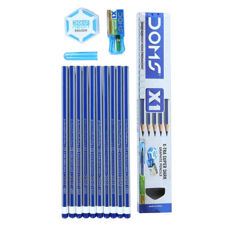 DOMS X1 Xtra Super Dark Pencils Box Pack|Hexagonal Shape For Easy Holding&Comfort|Free Eraser|Scale&Pencil Cap Inside|Dark&Neat Handwriting|Pack Of 10 Pencils